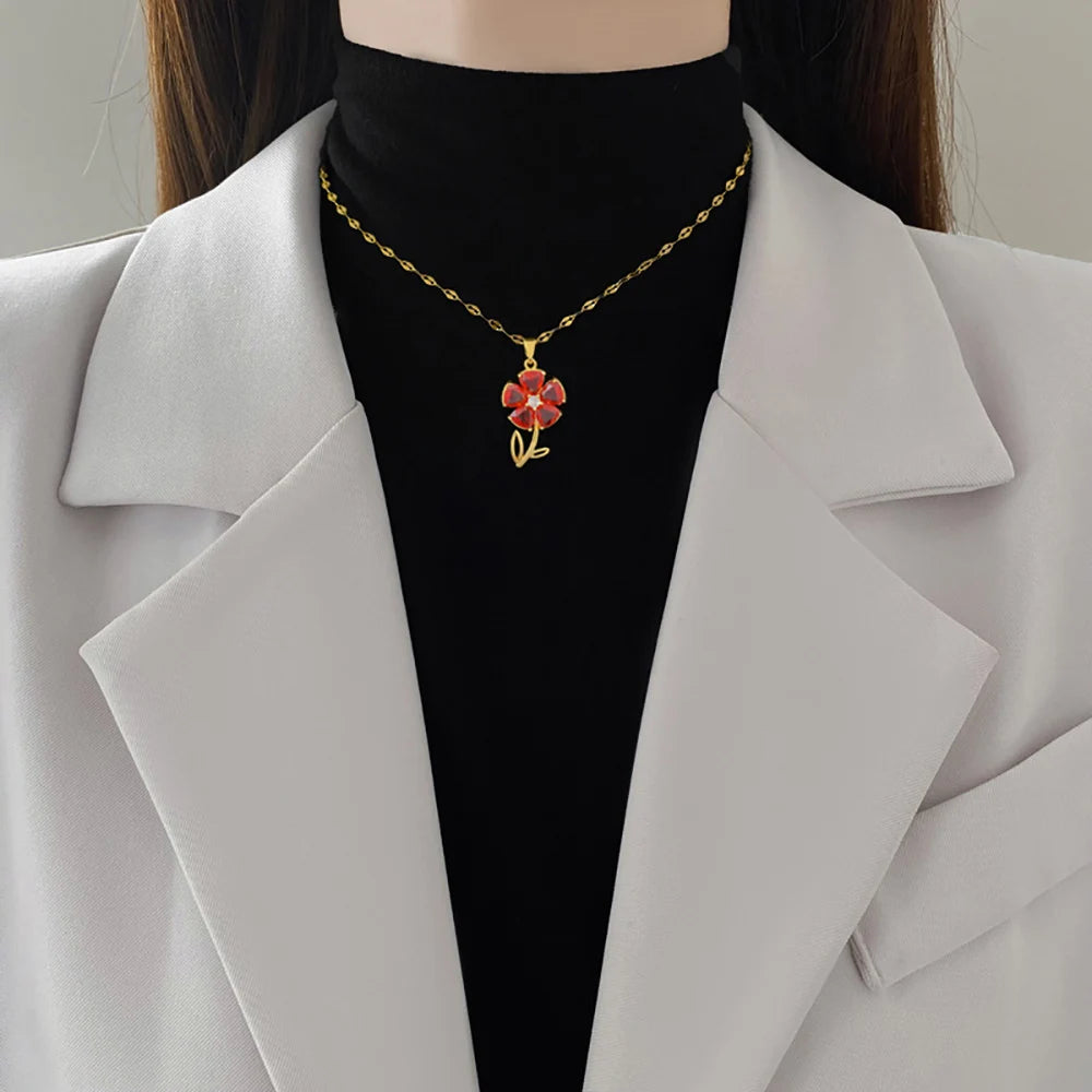 Red Crystal Flower Pendant Necklace – Stainless Steel