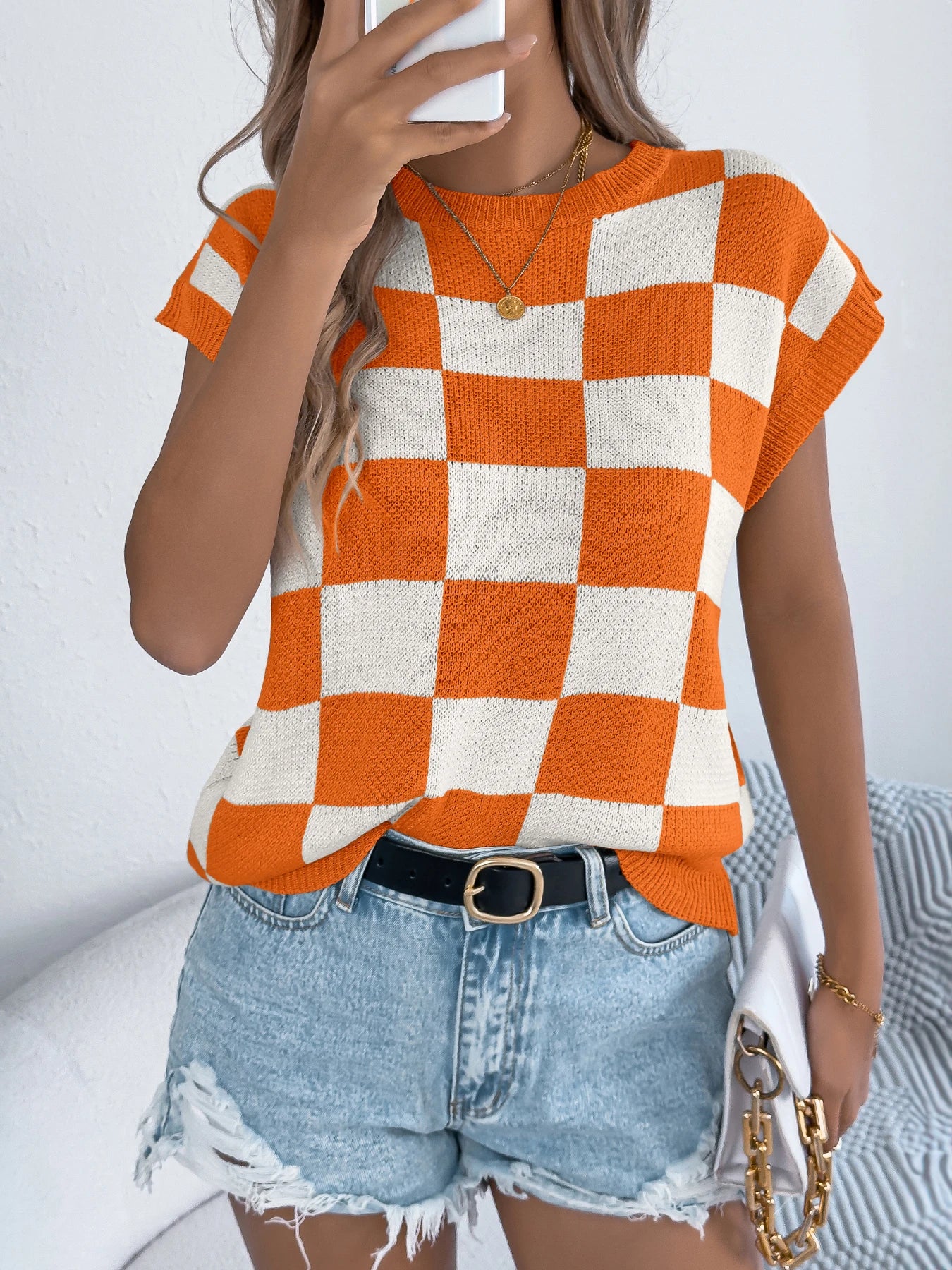 Color Block Plaid Knit Top Short Sleeve Pullover