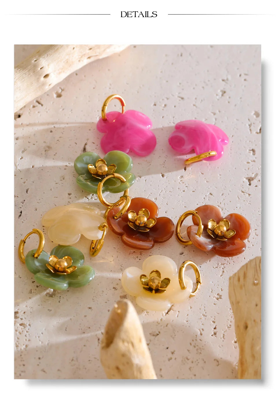 Women’s Flower Drop Hoop Earrings Stainless Steel Resin Gold Plated Trendy