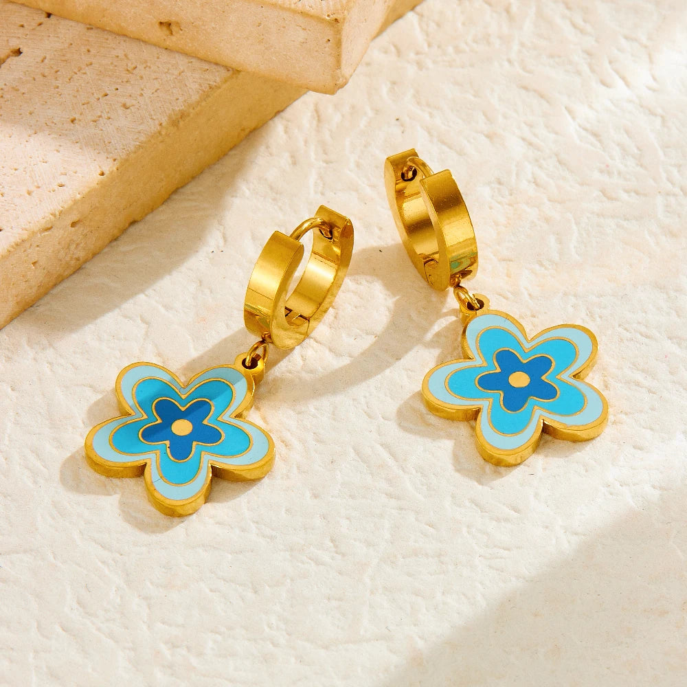 Elegant Blue Enamel Vintage  Flower Stainless Steel Jewelry Set