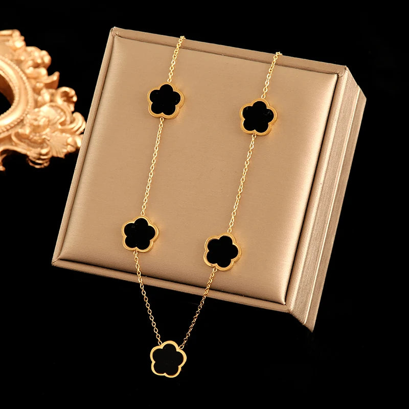 Five Clover Necklace Bracelet Earrings 18K Gold Plated Jewelry Set