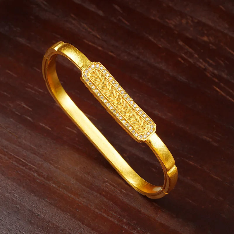 24K Women’s Gold Tone Zircon Bangle Wheat Square Design Adjustable Gift Bracelet