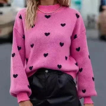 Women’s Heart Print Round Neck Sweater