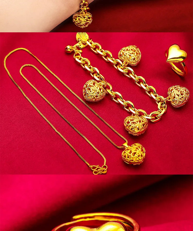 24K Gold Hollow Love Vintage Necklace Bracelet & Ring