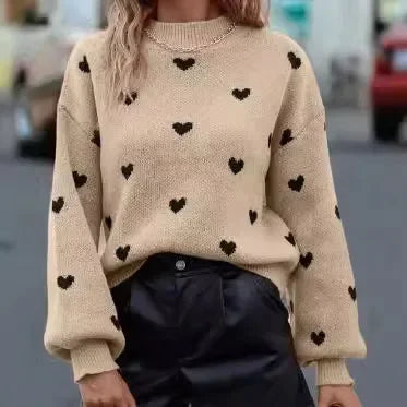 Women’s Heart Print Round Neck Sweater