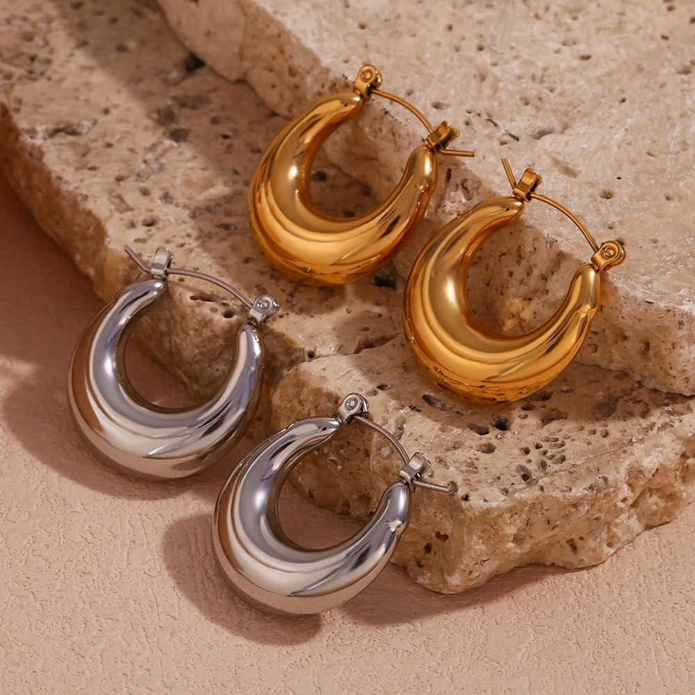 Women U Shape Hoop Earrings 316L Stainless Steel Waterproof Gold Silver
