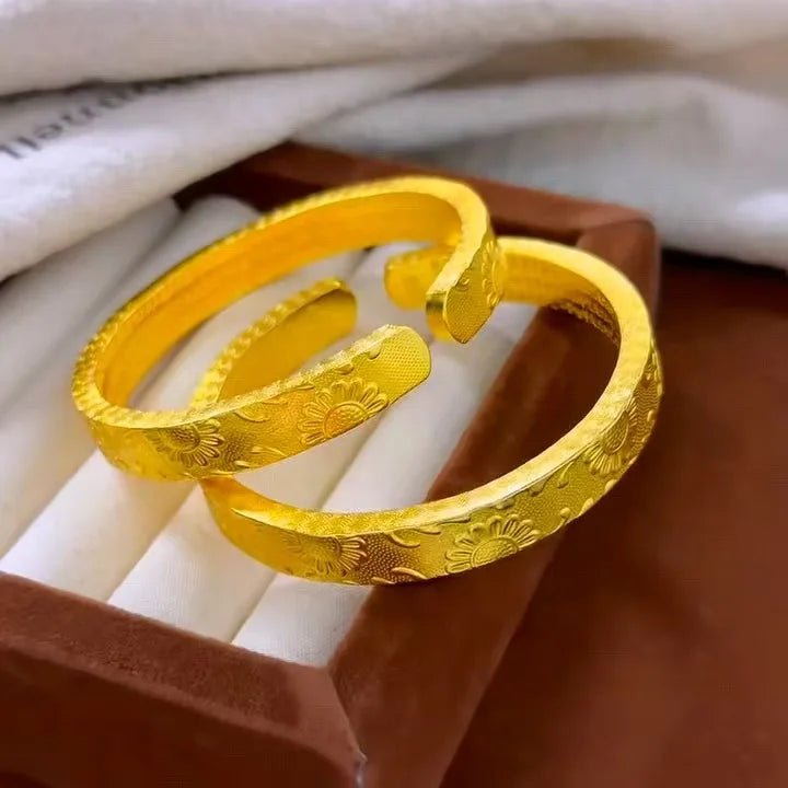 24K Gold AU 999 Vintage Sunflower Open Bangle