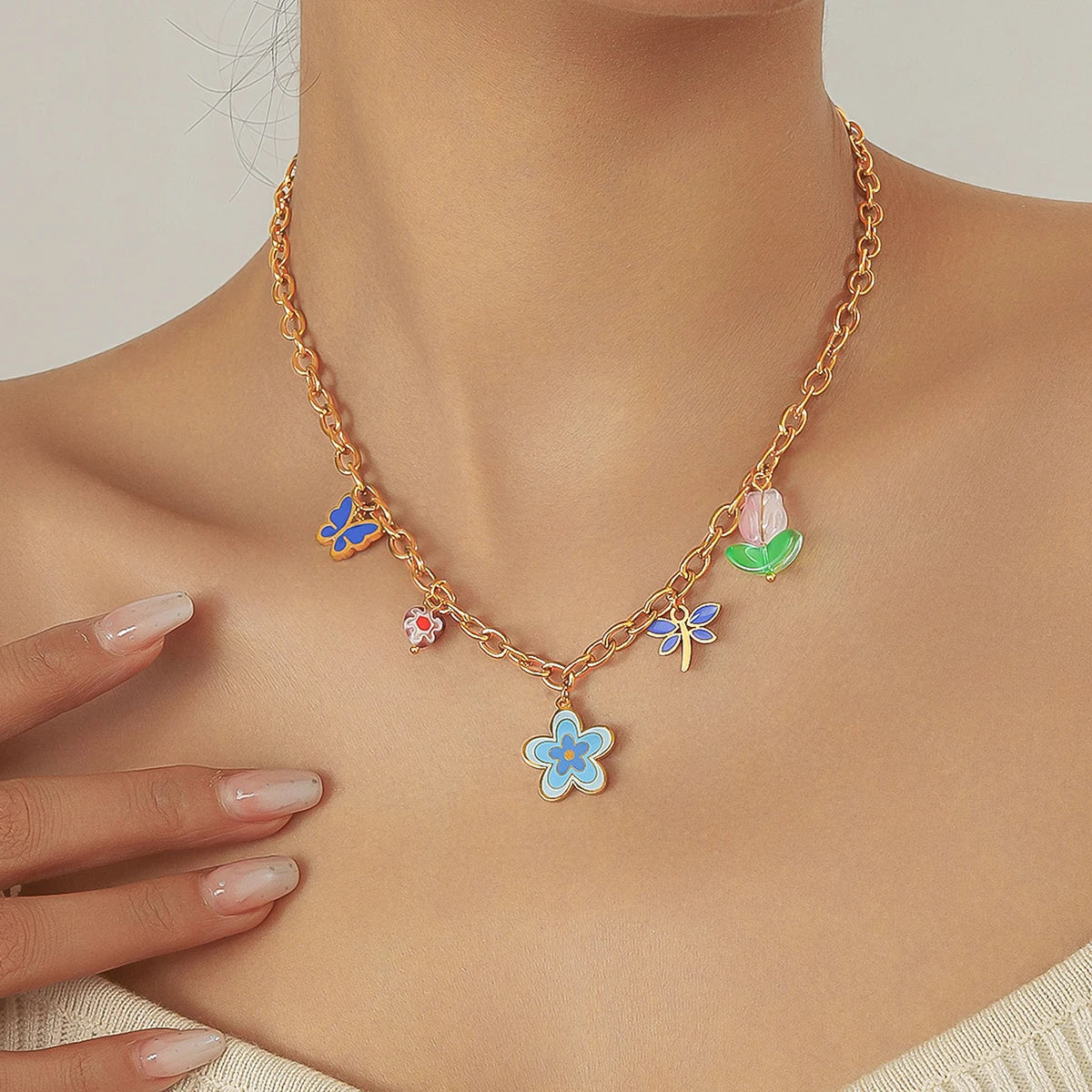 Elegant Blue Enamel Vintage  Flower Stainless Steel Jewelry Set
