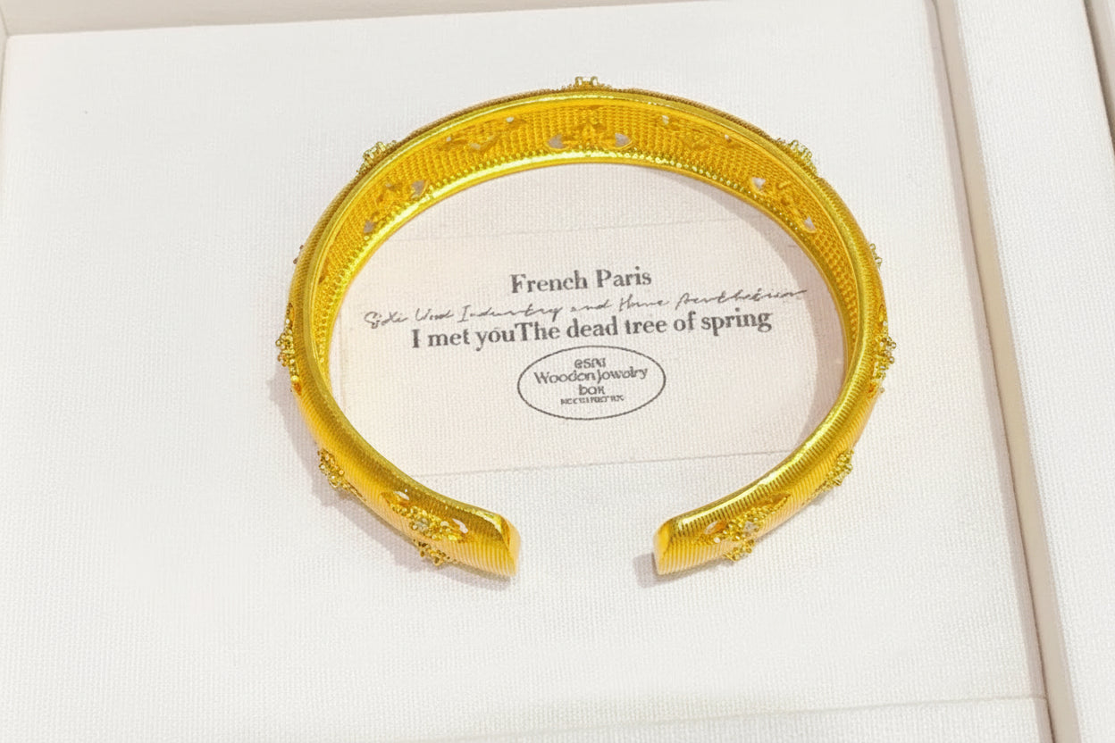 24K Gold Filled Clover Cuff Bangle Bracelet for Women Lucky Hollow Design Zircon
