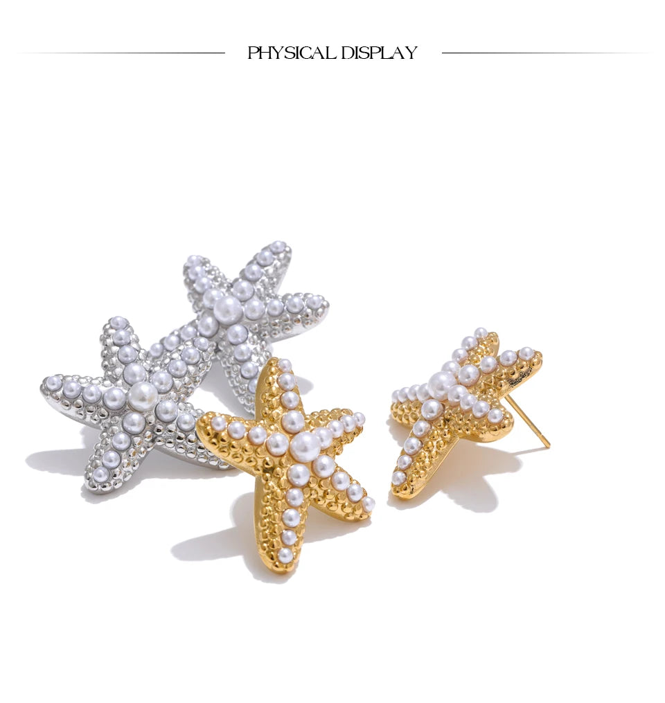 Ocean Starfish Pearl Stud Earrings Stainless Steel Vintage