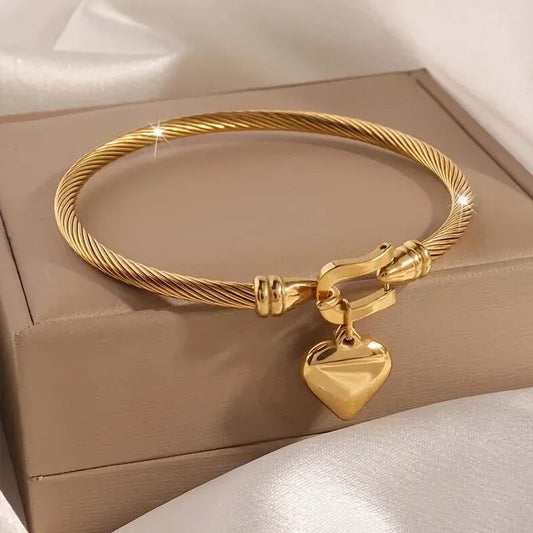 18K Gold-Tone Heart Charm Bangle Stainless Steel Vintage