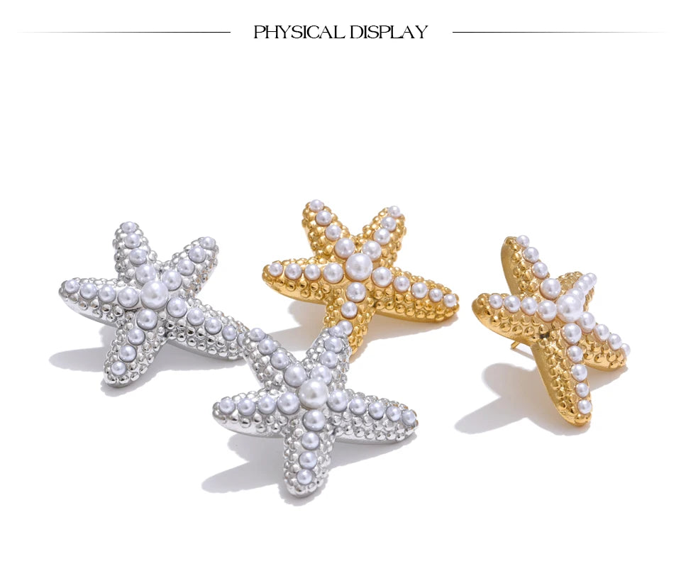 Ocean Starfish Pearl Stud Earrings Stainless Steel Vintage