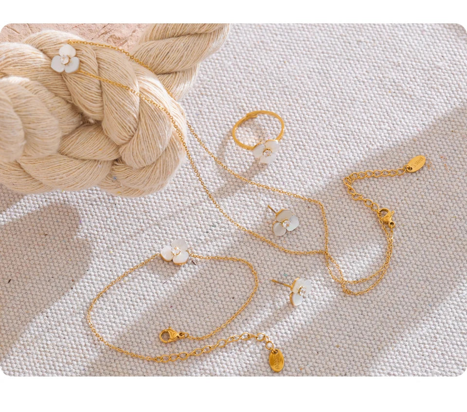 Shell Flower Jewelry Set Waterproof Gold Tone Stainless Steel