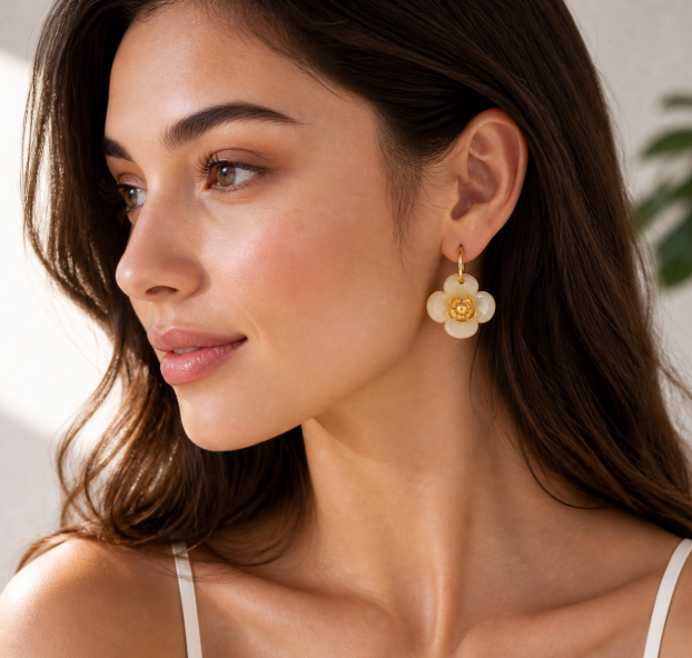 Women’s Flower Drop Hoop Earrings Stainless Steel Resin Gold Plated Trendy