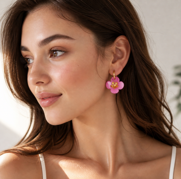 Women’s Flower Drop Hoop Earrings Stainless Steel Resin Gold Plated Trendy