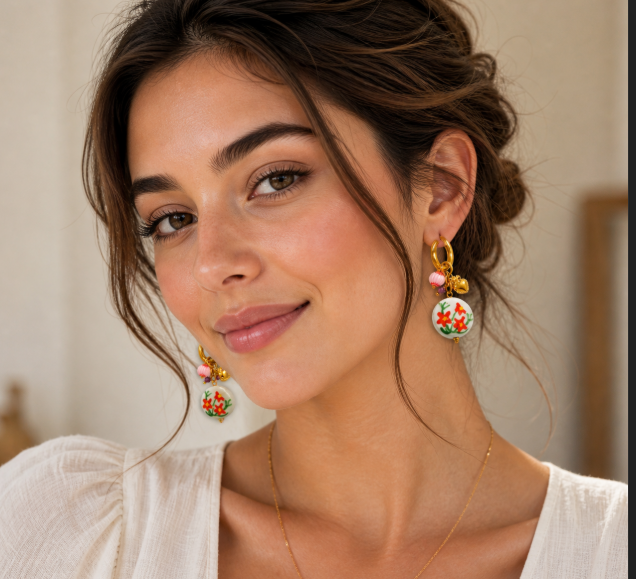 Women’s Stainless Steel Ceramic Flower Drop Earrings Gold Plated Trendy