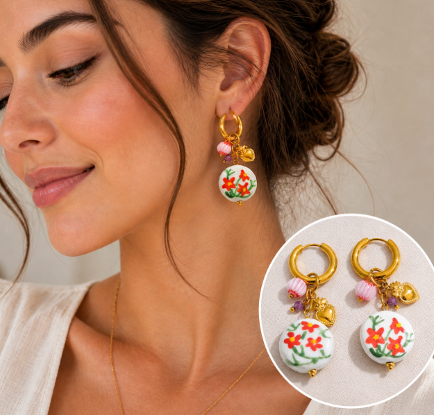 Women’s Stainless Steel Ceramic Flower Drop Earrings Gold Plated Trendy