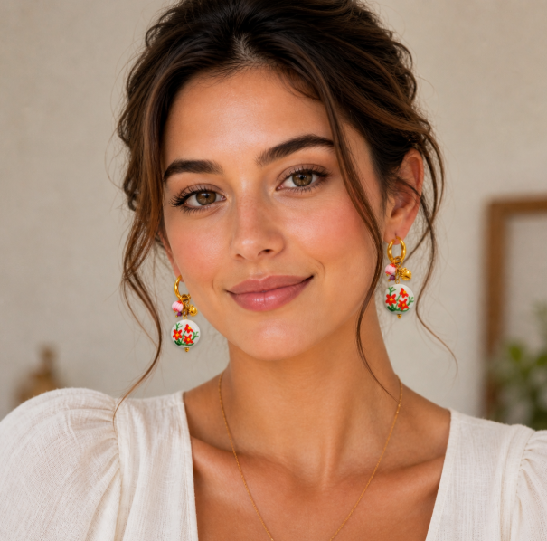 Women’s Stainless Steel Ceramic Flower Drop Earrings Gold Plated Trendy