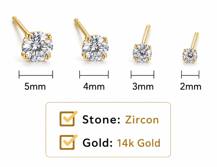 14K AU585 Gold Mini Zircon Stud Earrings