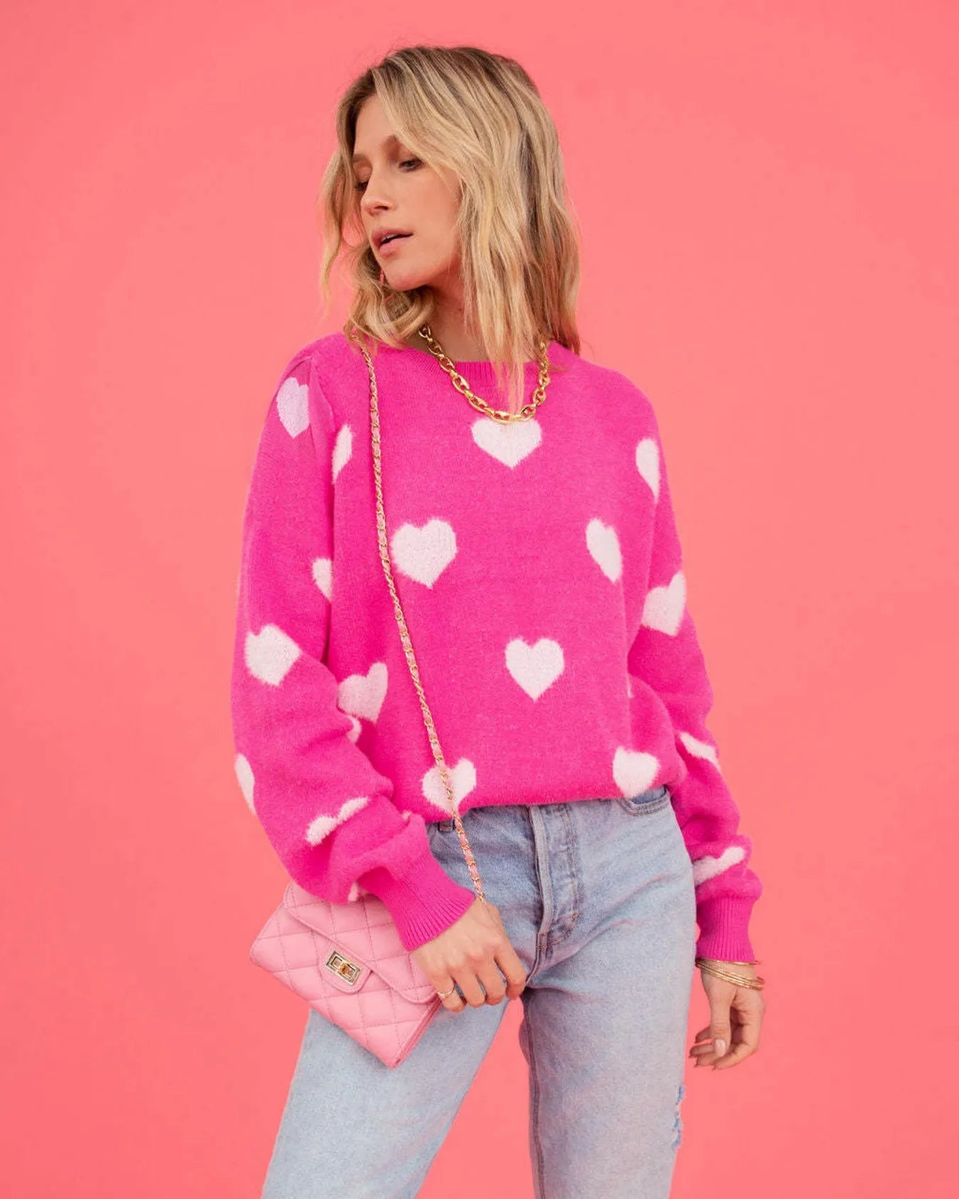Hot Pink Oversized Heart Knit Sweater