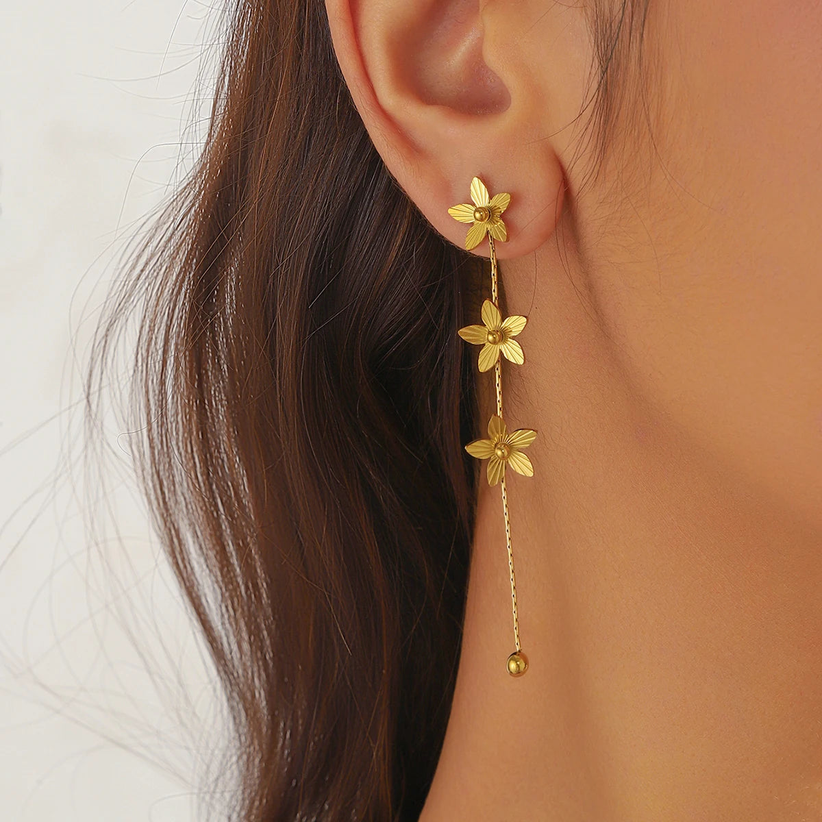 Gold Plated Flower Tassel Earrings Stainless Steel