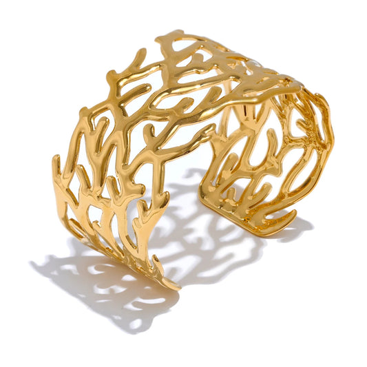 Vintage Twig Wide Cuff Waterproof Stainless Steel Bangle