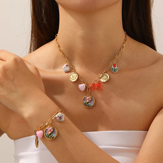 14K Gold Tone Plated Sunflower Pearl Jewelry Set Stainless Steel
