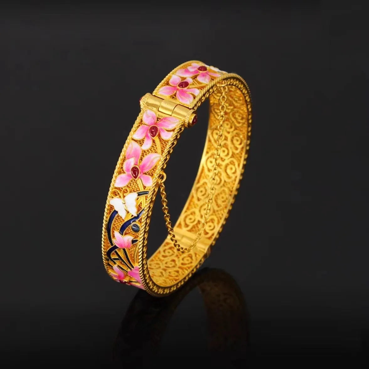 24K Gold High Quality Orchid Enamel Bangle
