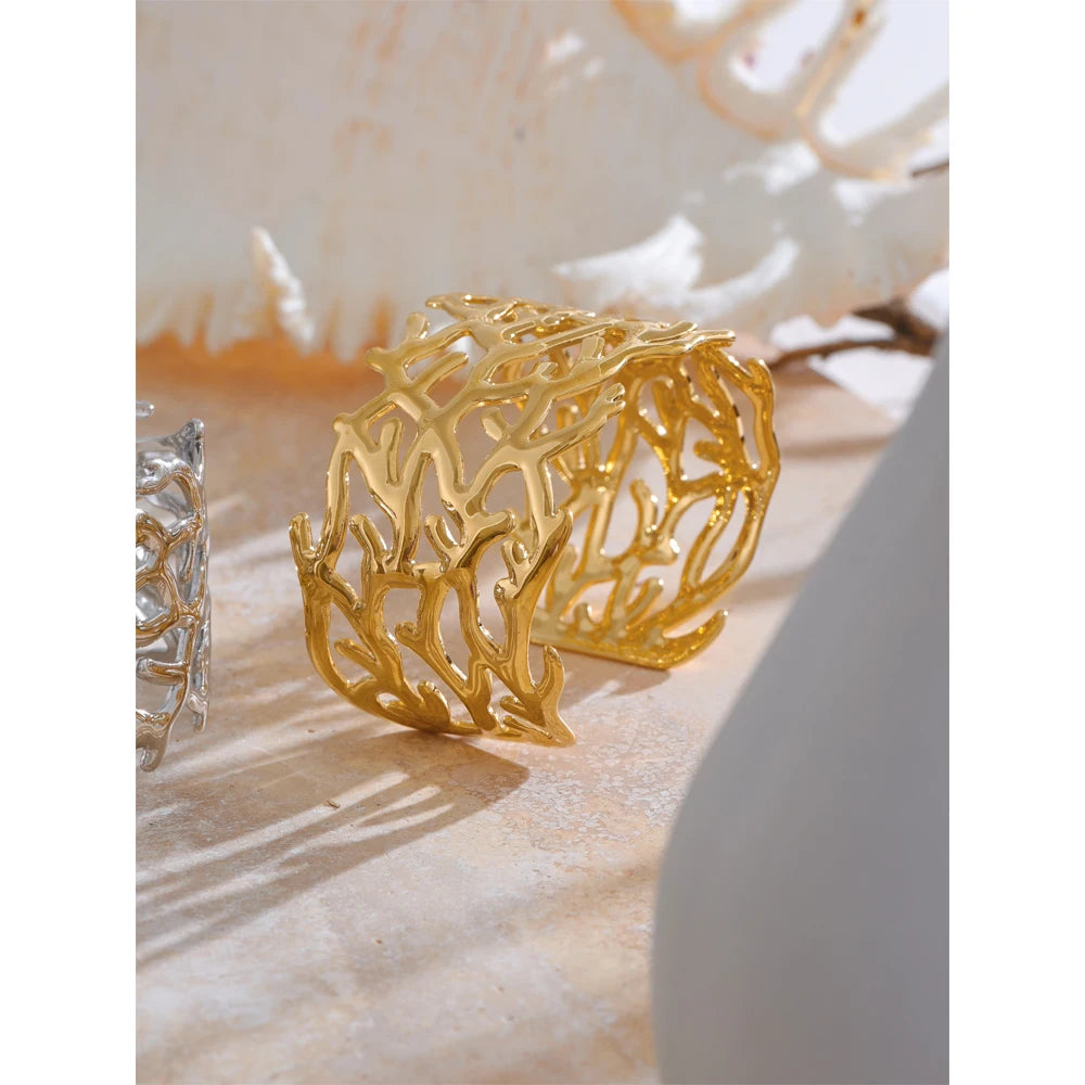 Vintage Twig Wide Cuff Waterproof Stainless Steel Bangle