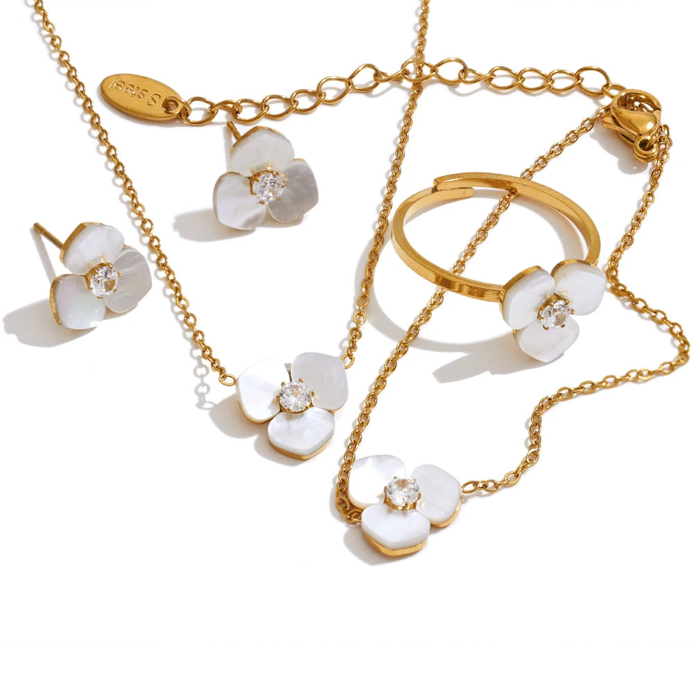 Shell Flower Jewelry Set Waterproof Gold Tone Stainless Steel