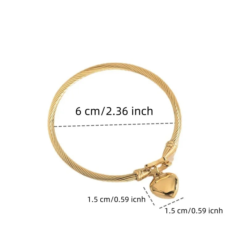 18K Gold-Tone Heart Charm Bangle Stainless Steel Vintage