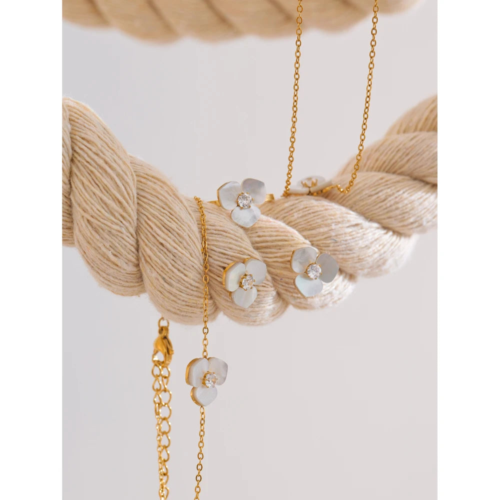 Shell Flower Jewelry Set Waterproof Gold Tone Stainless Steel