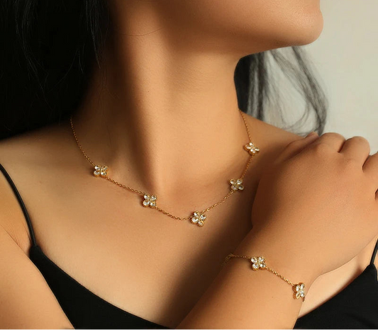 Gold-Tone Flower Zirconia Jewelry Set  Waterproof Stainless Steel