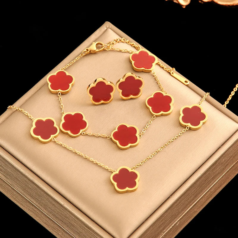 Five Clover Necklace Bracelet Earrings 18K Gold Plated Jewelry Set