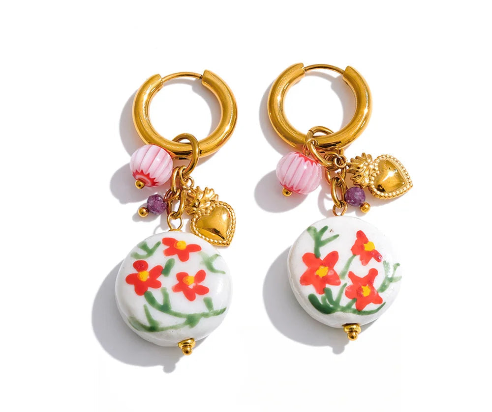Women’s Stainless Steel Ceramic Flower Drop Earrings Gold Plated Trendy