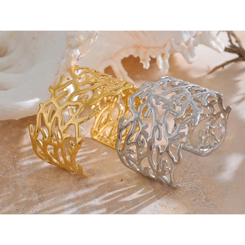 Vintage Twig Wide Cuff Waterproof Stainless Steel Bangle
