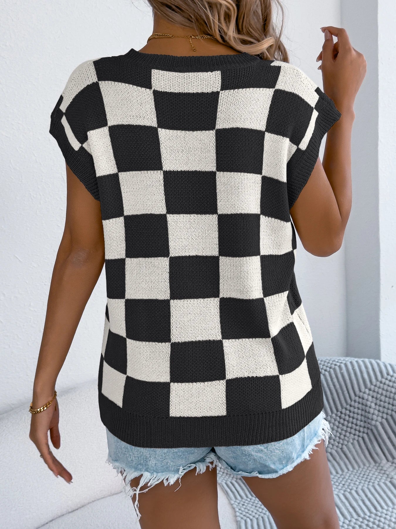 Color Block Plaid Knit Top Short Sleeve Pullover