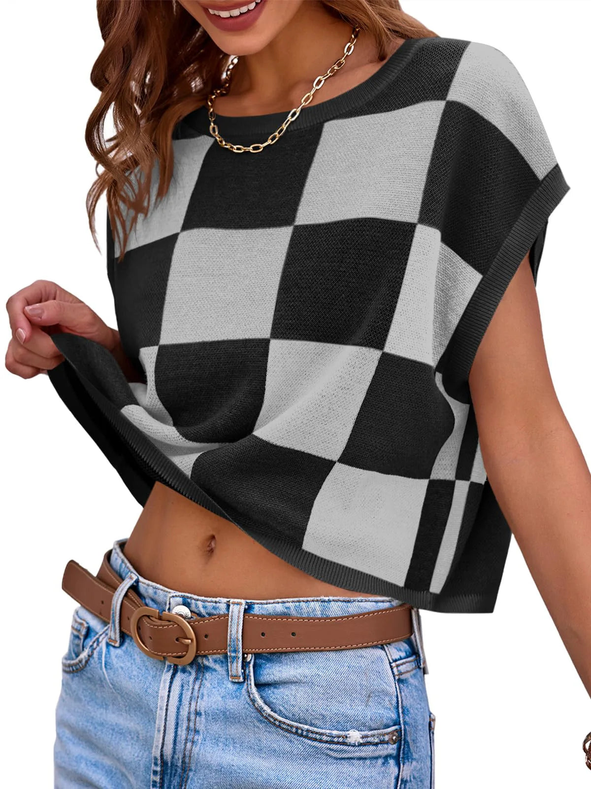 Color Block Checkerboard Knit Crop