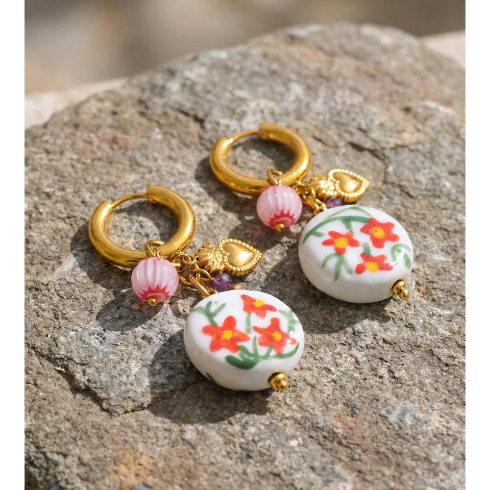 Women’s Stainless Steel Ceramic Flower Drop Earrings Gold Plated Trendy