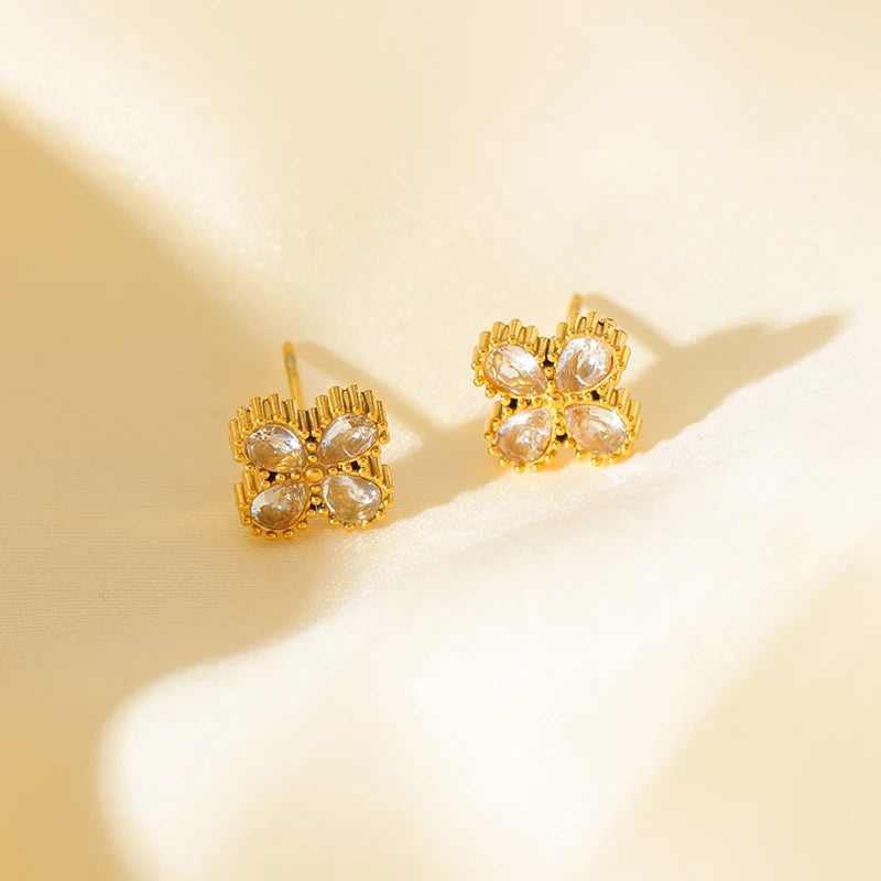 Gold-Tone Flower Zirconia Jewelry Set  Waterproof Stainless Steel