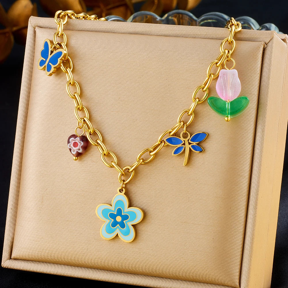 Elegant Blue Enamel Vintage  Flower Stainless Steel Jewelry Set