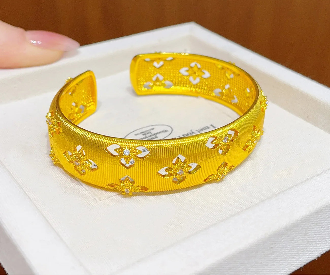 24K Gold Filled Clover Cuff Bangle Bracelet for Women Lucky Hollow Design Zircon