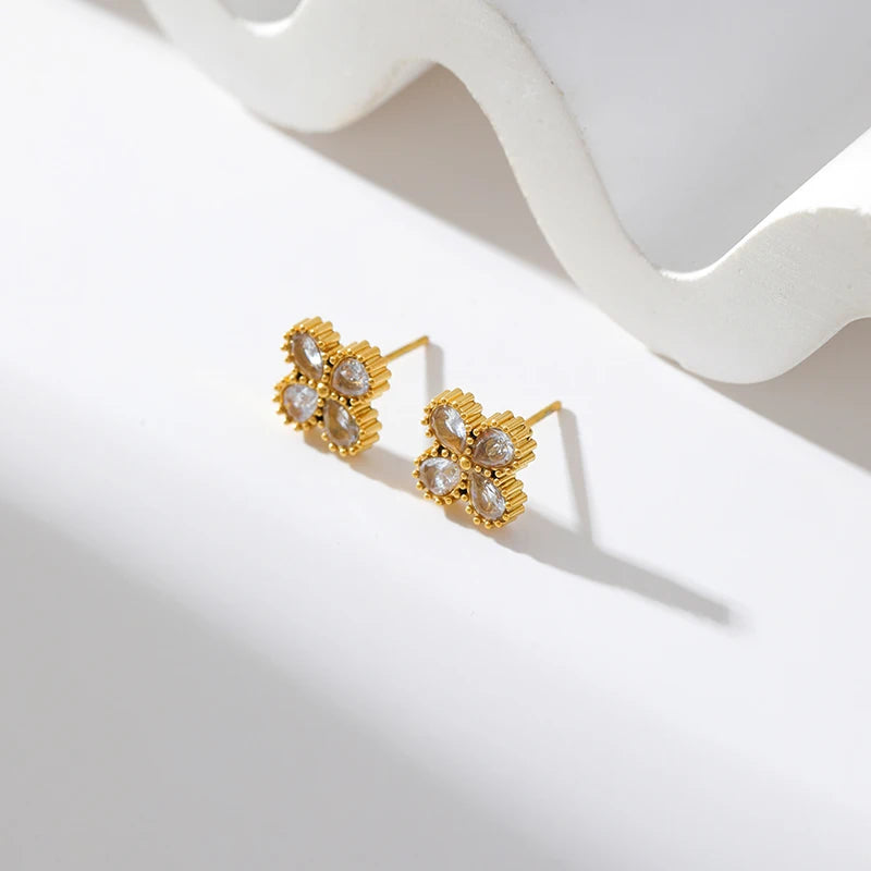 Gold-Tone Flower Zirconia Jewelry Set  Waterproof Stainless Steel