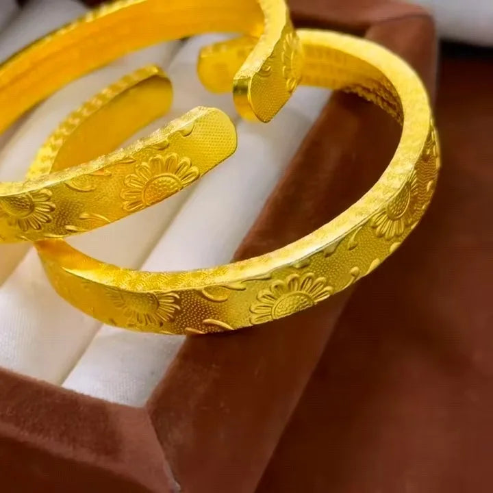 24K Gold AU 999 Vintage Sunflower Open Bangle