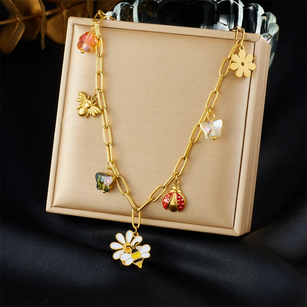 14K Gold Plated Bee Jewelry Set Stainless Steel