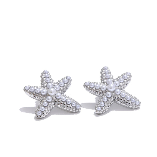 Ocean Starfish Pearl Stud Earrings Stainless Steel Vintage