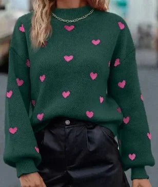 Women’s Heart Print Round Neck Sweater