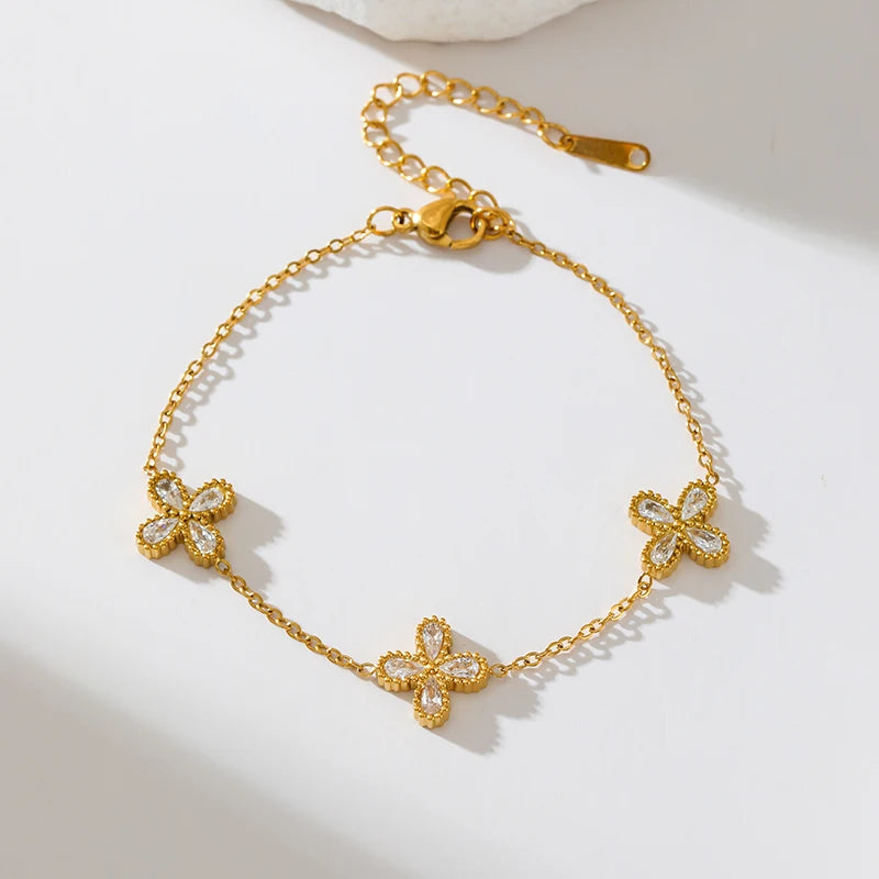 Gold-Tone Flower Zirconia Jewelry Set  Waterproof Stainless Steel