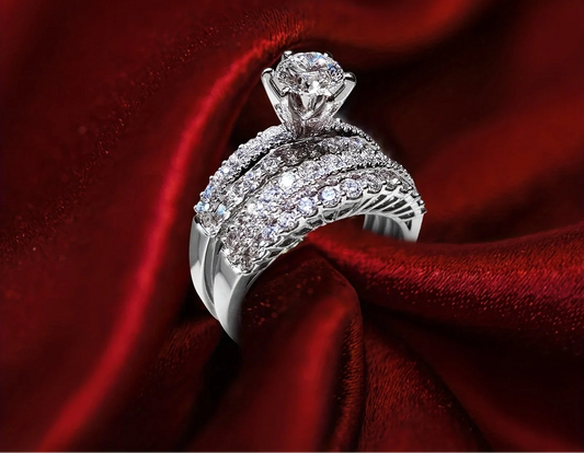 Elegant 925 Silver Vintage White Gold Plated Ring Set