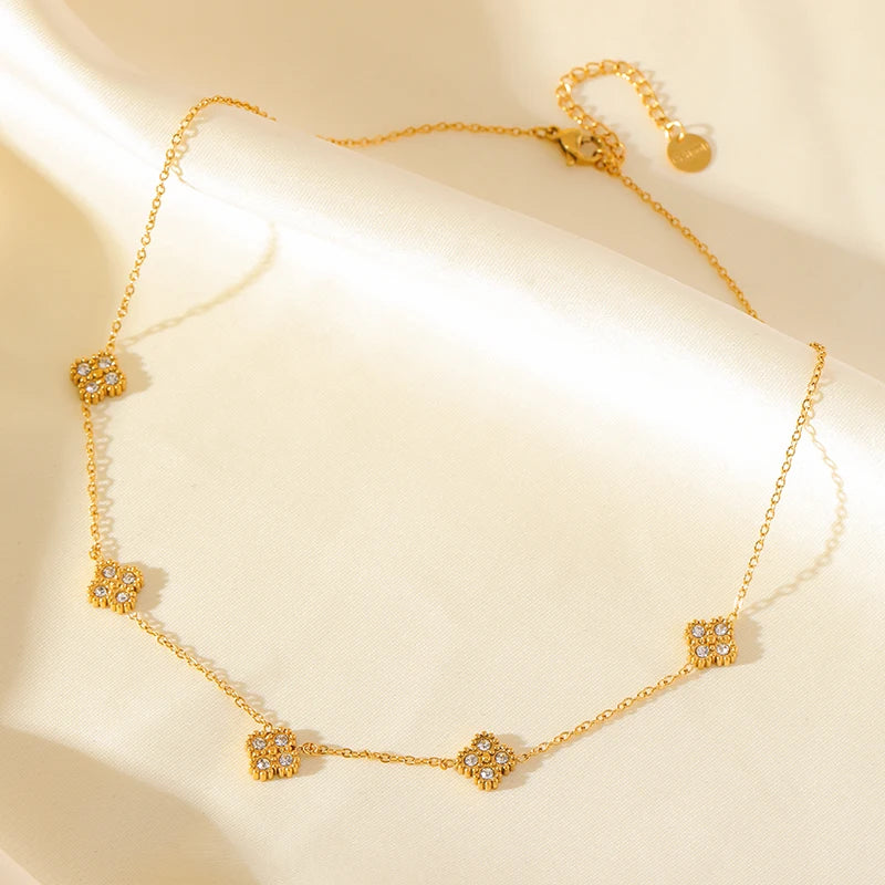 Gold-Tone Flower Zirconia Jewelry Set  Waterproof Stainless Steel